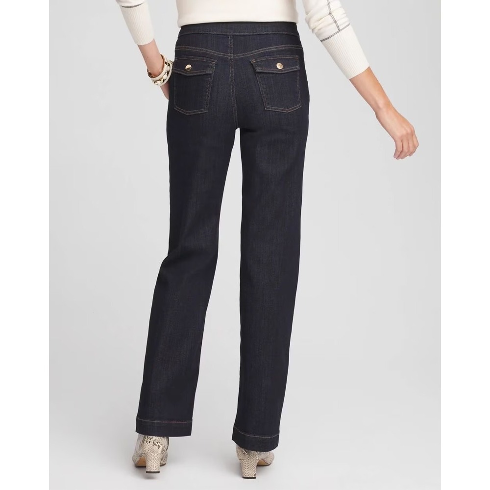 Chico's Dark Indigo Flare Wide Leg Jeans with Button Detail - Picture 3 of 12